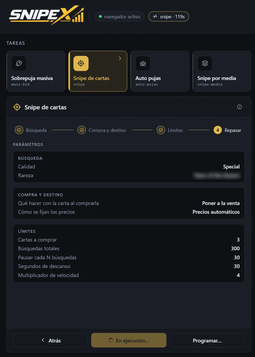 Configurar una tarea: Eliges el modo, la búsqueda, el destino de la carta y los límites, y revisas todo antes de ejecutar.